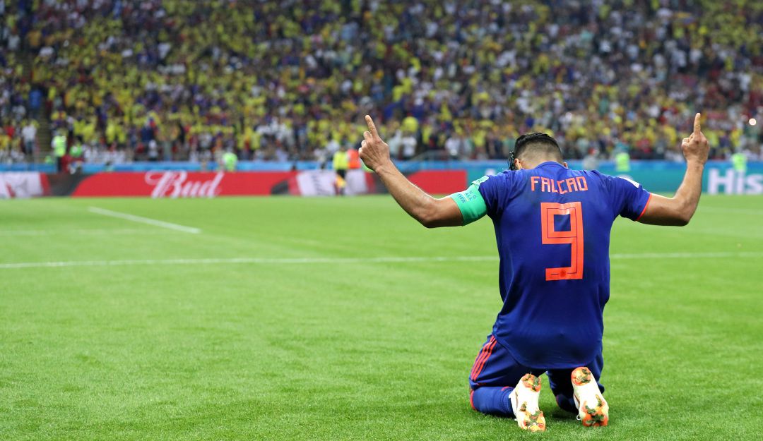 Falcao celebra su emotivo gol convertido en el Mundial de Rusia en 2018.