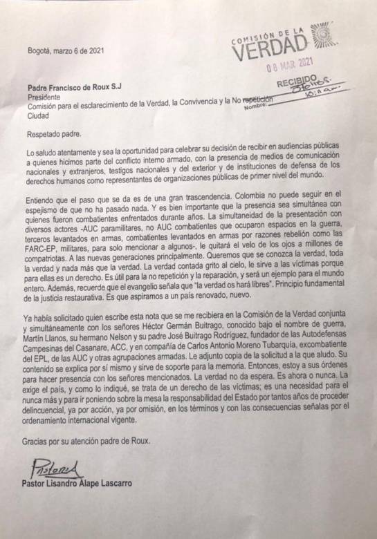 ExFarc Verdad: Pastor Alape pide a Comisión de Verdad que lo escuche con otras personas ExFarc Verdad: Pastor Alape pide a Comisión de Verdad que lo escuche con otras personas