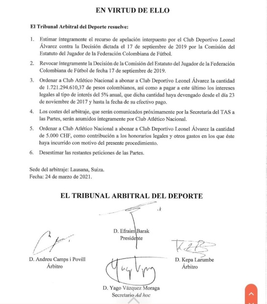 El fallo del TAS en contra del cuadro Verdolaga expedido este 24 de marzo. El fallo del TAS en contra del cuadro Verdolaga expedido este 24 de marzo.