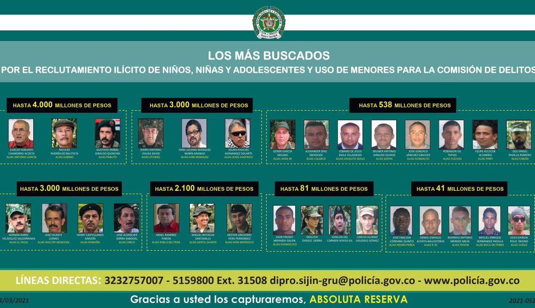 La recompensa máxima es de hasta $4.000 millones por los máximos cabecillas del ELN.
