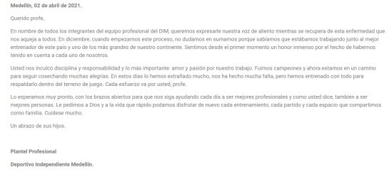 Carta de los jugadores del Medellín dirigda al técnico Hernán Darío Gómez. Carta de los jugadores del Medellín dirigda al técnico Hernán Darío Gómez.