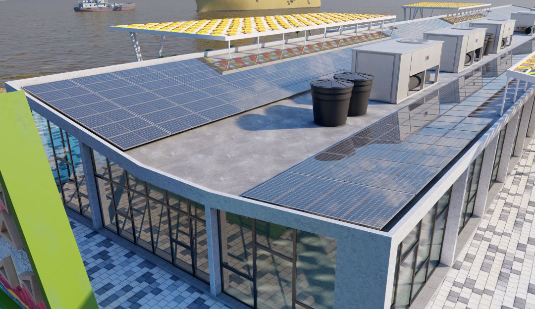 Render del Caimán del Río con paneles solares
