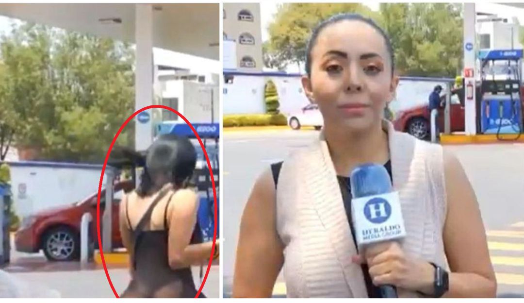 El camarógrafo estaba con su periodista desde una gasolinera e hizo un plano de apoyo donde enfocó la cola de una mujer en transparencias. El camarógrafo estaba con su periodista desde una gasolinera e hizo un plano de apoyo donde enfocó la cola de una mujer en transparencias.