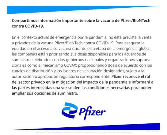 Pfizer BioNTech descartan, por ahora, vender sus vacunas al sector privado. Pfizer BioNTech descartan, por ahora, vender sus vacunas al sector privado.
