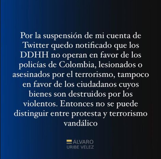 Respuesta de Álvaro Uribe sobre bloqueo de Twitter Respuesta de Álvaro Uribe sobre bloqueo de Twitter