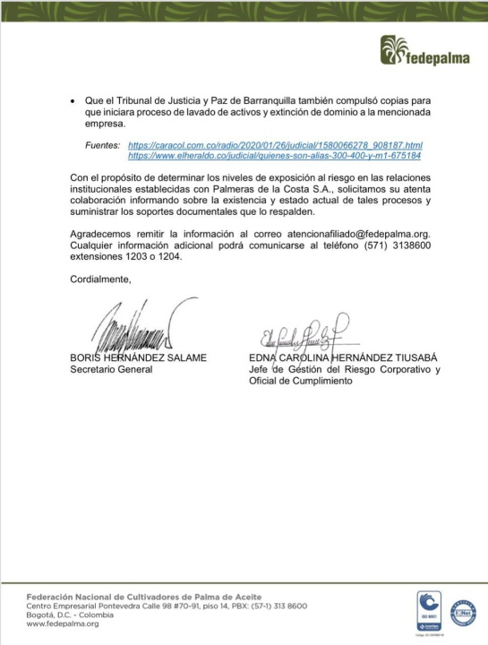 Fedepalma indaga por procesos penales de Palmeras de la Costa Fedepalma indaga por procesos penales de Palmeras de la Costa
