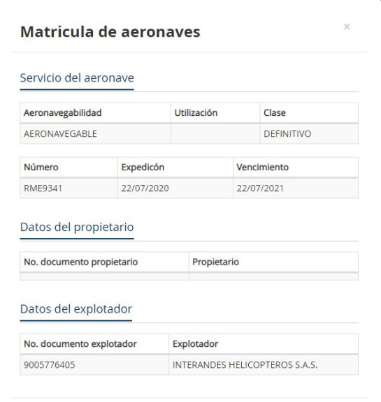 Consulta en la base de datos de la página de la Aeronáutica Civil. Consulta en la base de datos de la página de la Aeronáutica Civil.