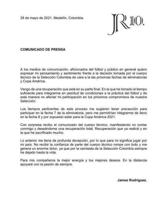 James Rodríguez decepcionado tras ser desconvocado de Selección Colombia James Rodríguez decepcionado tras ser desconvocado de Selección Colombia