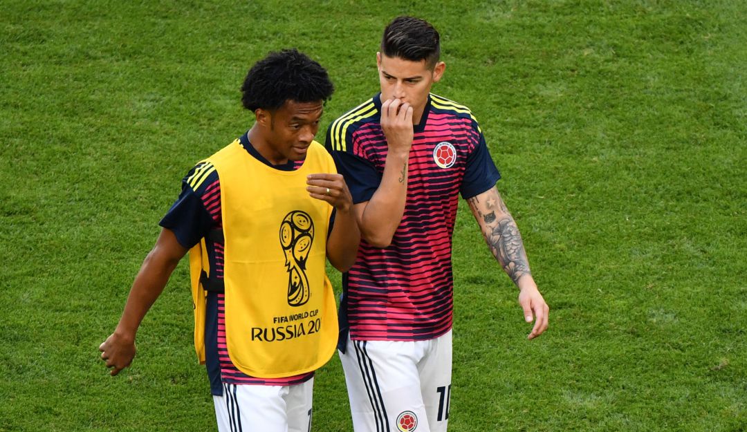 Juan Guillermo Cuadrado y James Rodríguez durante la Copa del Mundo de Rusia 2018. Juan Guillermo Cuadrado y James Rodríguez durante la Copa del Mundo de Rusia 2018.