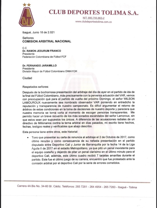 Carta del Deportes Tolima presentada ante la FCF y la Dimayor. Carta del Deportes Tolima presentada ante la FCF y la Dimayor.