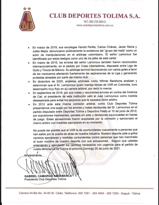 Carta del Deportes Tolima presentada ante la FCF y la Dimayor. Carta del Deportes Tolima presentada ante la FCF y la Dimayor.