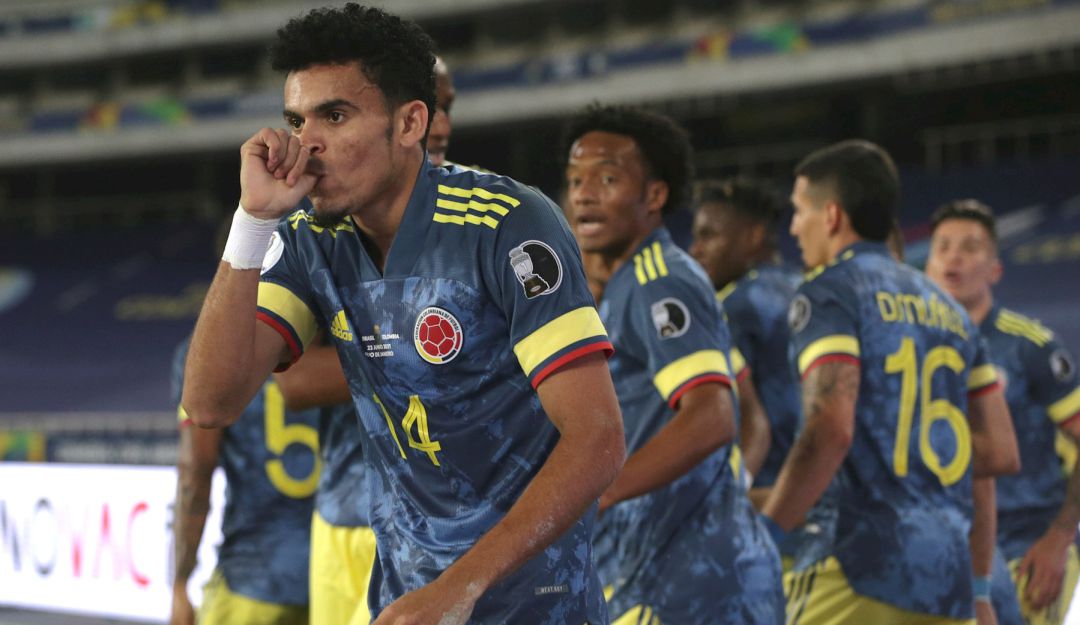 Luis Díaz festeja su golazo ante Brasil. Luis Díaz festeja su golazo ante Brasil.