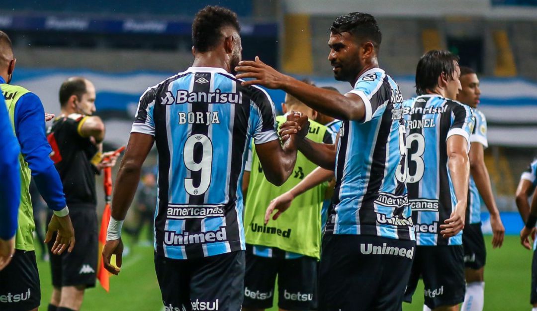 Miguel Ángel Borja festeja su primer gol con Gremio. Miguel Ángel Borja festeja su primer gol con Gremio.
