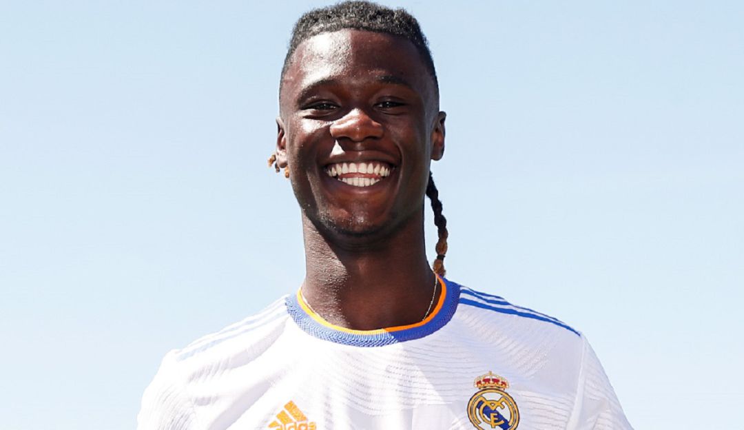 Eduardo Camavinga durante su presentación con el Real Madrid. Eduardo Camavinga durante su presentación con el Real Madrid.