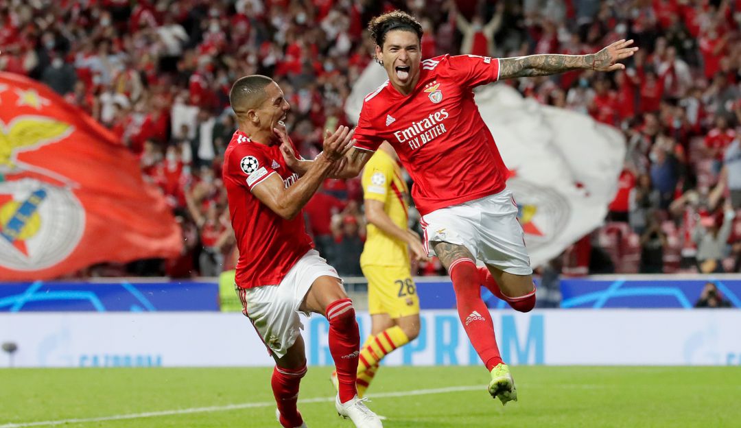 Darwin Núñez celebra el tercer gol del Benfica ante el Barcelona. Darwin Núñez celebra el tercer gol del Benfica ante el Barcelona.