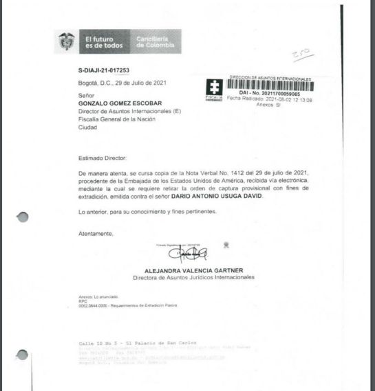 Notificación de retiro de una de las solicitudes de extradición de alias 'Otoniel' Notificación de retiro de una de las solicitudes de extradición de alias 'Otoniel'