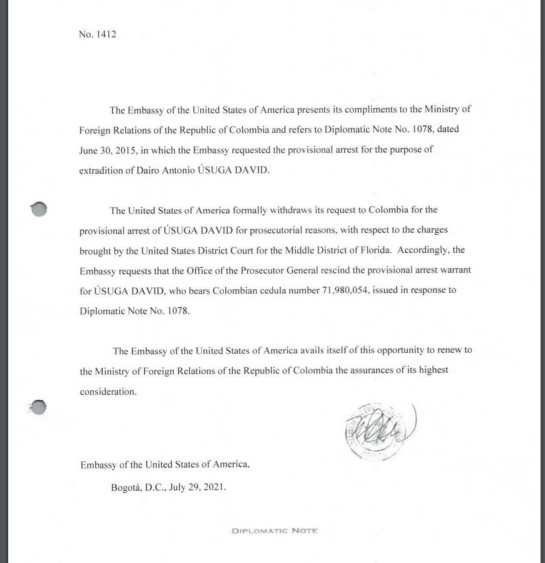 Notificación de retiro de una de las solicitudes de extradición de alias 'Otoniel' Notificación de retiro de una de las solicitudes de extradición de alias 'Otoniel'