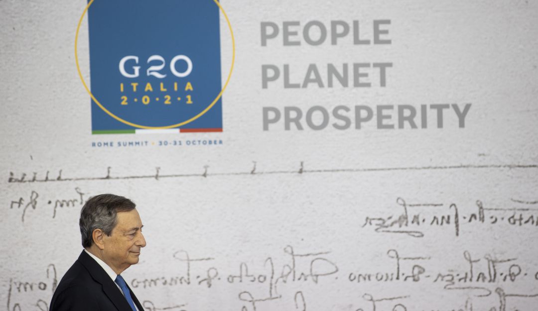 El primer ministro italiano, Mario Draghi, durante el inicio de la cumbre G20 en Roma. El primer ministro italiano, Mario Draghi, durante el inicio de la cumbre G20 en Roma.
