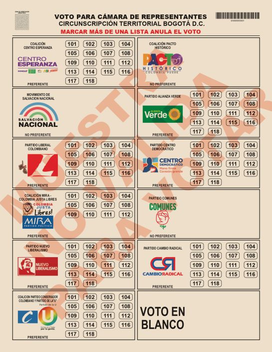 Tarjetón electoral para la Cámara de Representantes, circunscripción territorial por Bogotá Tarjetón electoral para la Cámara de Representantes, circunscripción territorial por Bogotá