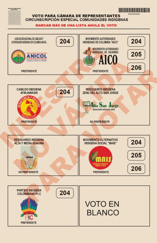 Tarjetón electoral para la Cámara de Representantes, circunscripción especial comunidades indígenas Tarjetón electoral para la Cámara de Representantes, circunscripción especial comunidades indígenas