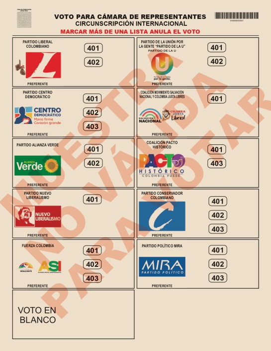 Tarjetón electoral para la Cámara de Representantes, circunscripción internacional: Tarjetón electoral para la Cámara de Representantes, circunscripción internacional: