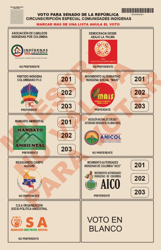 Tarjetón electoral para Senado de la República, circunscripción especial comunidades indígenas Tarjetón electoral para Senado de la República, circunscripción especial comunidades indígenas