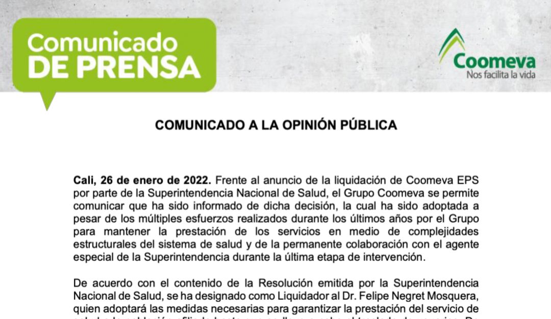 Comunicado por liquidación de EPS Comunicado por liquidación de EPS
