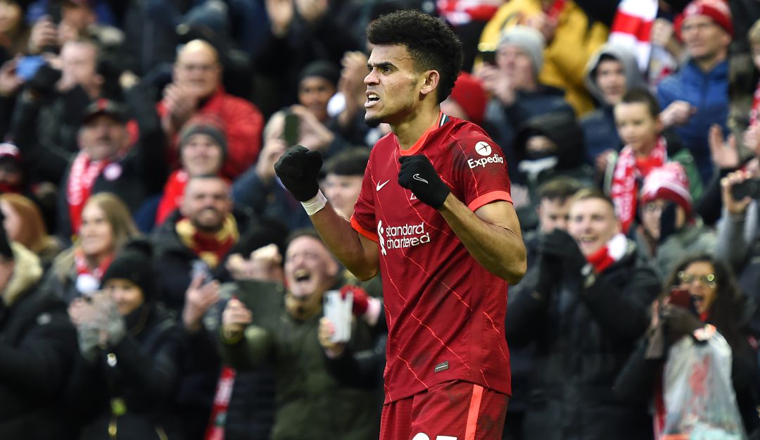 Luis Díaz festeja su primer gol con el Liverpool. Luis Díaz festeja su primer gol con el Liverpool.