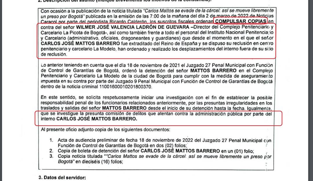 Fiscalía pide investigar a Mattos por salidas sin control en La Picota Fiscalía pide investigar a Mattos por salidas sin control en La Picota