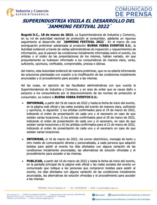 Comunicado de la Superintendencia de Industria sobre la cancelación del Jamming Festival Comunicado de la Superintendencia de Industria sobre la cancelación del Jamming Festival