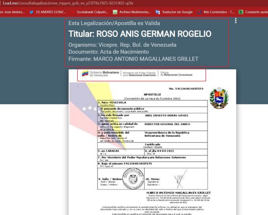 Certificado de acta de nacimiento venezolana del congresista electo Germán Rozo Certificado de acta de nacimiento venezolana del congresista electo Germán Rozo