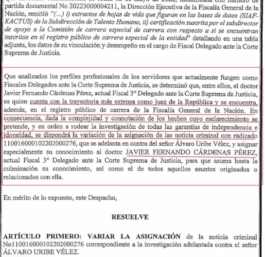 Resolución de la Fiscalía que asigna nuevo fiscal en el caso Uribe Resolución de la Fiscalía que asigna nuevo fiscal en el caso Uribe
