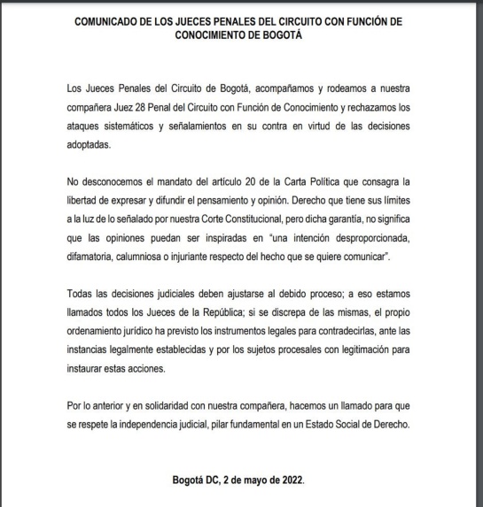 El comunicado de los jueces que respaldan a la jueza del caso Uribe El comunicado de los jueces que respaldan a la jueza del caso Uribe
