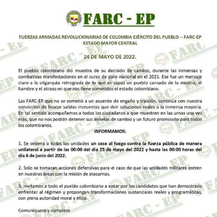 Disidencias de Farc anuncian cese al fuego por elecciones