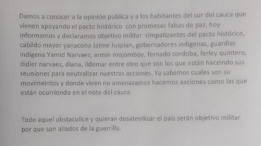 Denuncian amenazas contra líderes indígenas y afrodescendientes en Cauca
