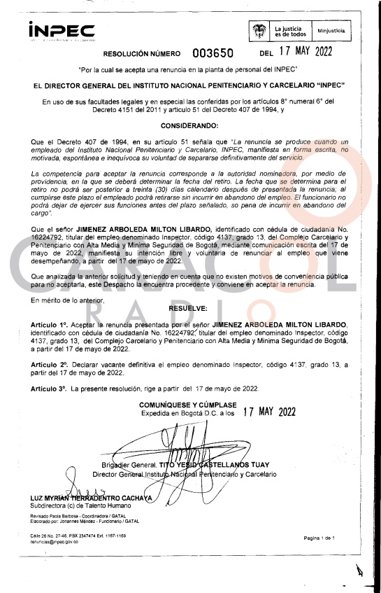 Resolución de aceptación de renuncia del INPEC al guaria Milton Libardo Jiménez Resolución de aceptación de renuncia del INPEC al guaria Milton Libardo Jiménez