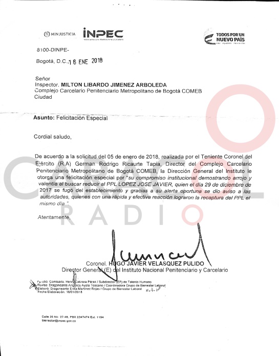 Acta de felicitación del INPEC a Milton Libardo Jiménez Acta de felicitación del INPEC a Milton Libardo Jiménez