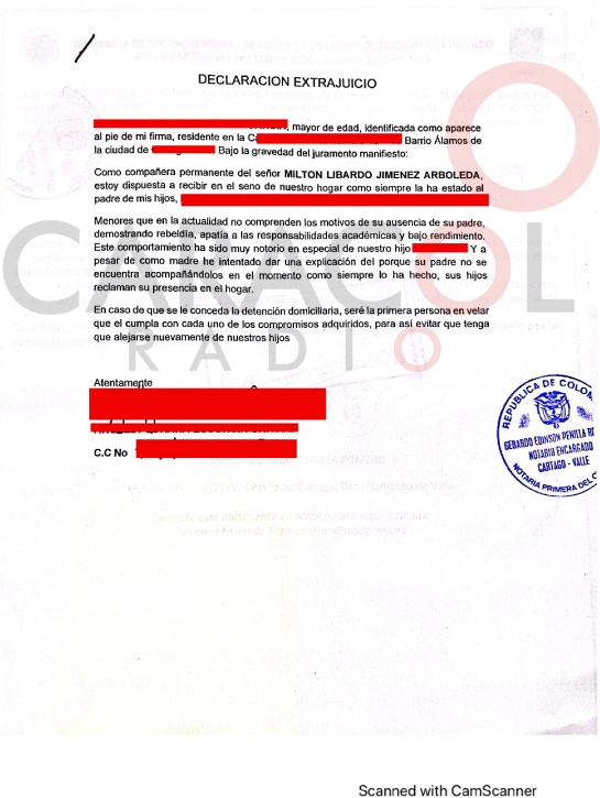 Declaración extrajuicio bajo gravedad de juramento con la que se acreditaría arraigo del entonces inspector del INPEC Milton Libardo Jiménez, investigado por la fuga del abatido alias 'Matamba' Declaración extrajuicio bajo gravedad de juramento con la que se acreditaría arraigo del entonces inspector del INPEC Milton Libardo Jiménez, investigado por la fuga del abatido alias 'Matamba'