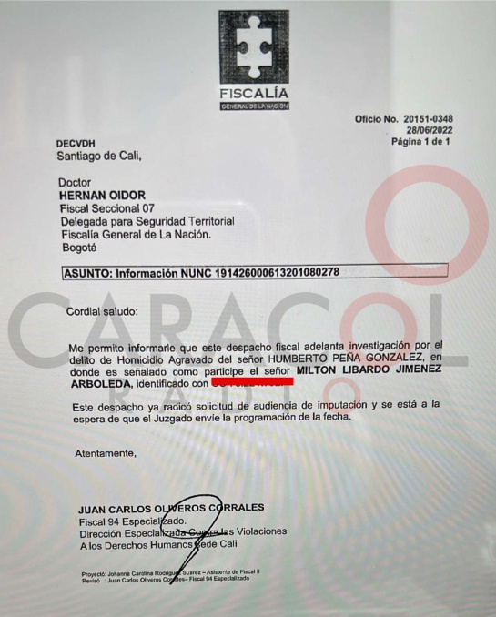 Solicitud de imputación de cargos por homicidio agravado en contra de Milton Libardo Jiménez, ex funcionario del INPEC también investigado por la fuga del abatido narco alias 'Matamba' Solicitud de imputación de cargos por homicidio agravado en contra de Milton Libardo Jiménez, ex funcionario del INPEC también investigado por la fuga del abatido narco alias 'Matamba'