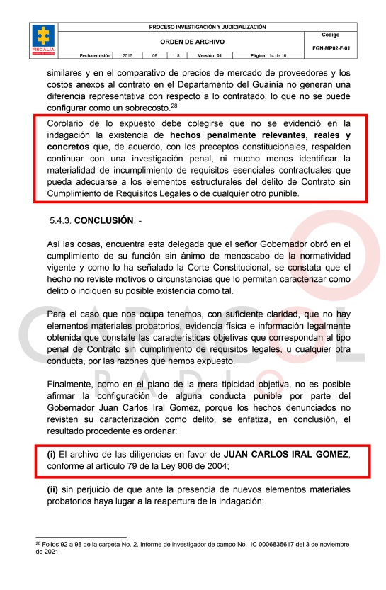Resolución de archivo de la Fiscalía en favor del gobernador del Guainía Juan Carlos Iral Gómez Resolución de archivo de la Fiscalía en favor del gobernador del Guainía Juan Carlos Iral Gómez