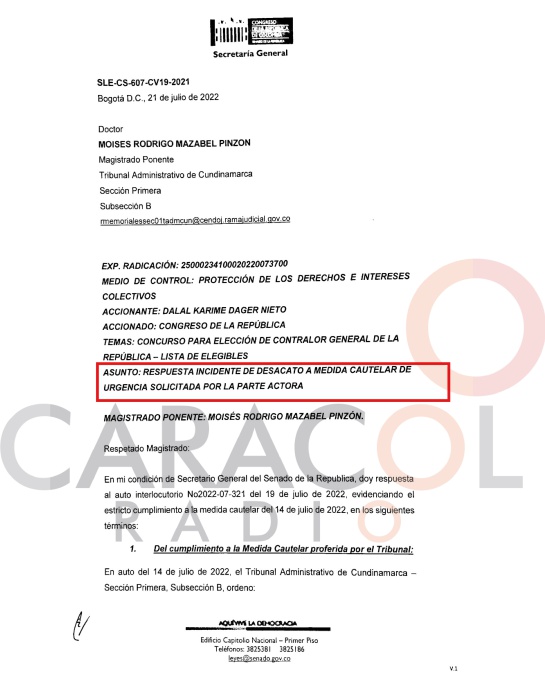 Respuesta del Congreso de la República al incidente de desacato que abrió el Tribunal Adminstrativo de Cundinamarca Respuesta del Congreso de la República al incidente de desacato que abrió el Tribunal Adminstrativo de Cundinamarca