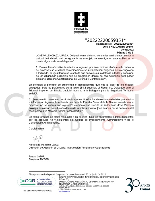 Fiscalía afirma que el extraditado narco Juan José Valencia Zuluaga, alias ‘Falcon’, no está vinculado al crimen del fiscal antimafia Marcelo Pecci Fiscalía afirma que el extraditado narco Juan José Valencia Zuluaga, alias ‘Falcon’, no está vinculado al crimen del fiscal antimafia Marcelo Pecci
