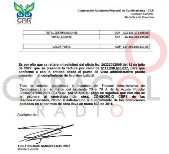 Factura de la CAR de Cundinamarca por 117 mil millones de pesos. Factura de la CAR de Cundinamarca por 117 mil millones de pesos.