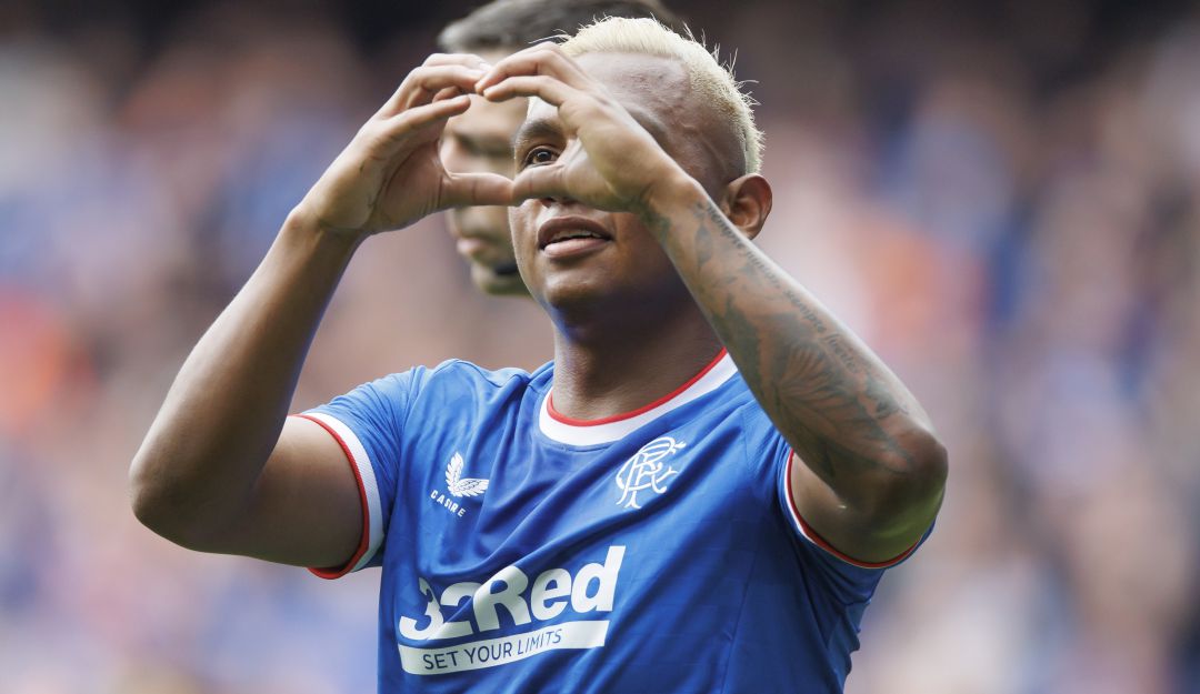 Alfredo Morelos festeja su primer gol de la temporada con el Rangers. Alfredo Morelos festeja su primer gol de la temporada con el Rangers.