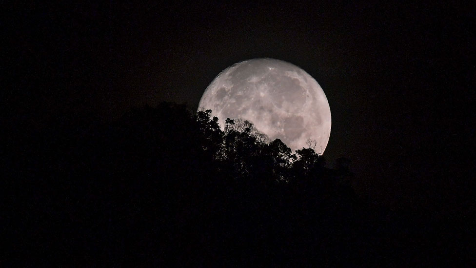 La Luna detrás de una colina arbolada en Karak, en la afueras de Kuala Lumpur, la capital de Malasia, en la noche del 10 de febrero. La Luna detrás de una colina arbolada en Karak, en la afueras de Kuala Lumpur, la capital de Malasia, en la noche del 10 de febrero.
