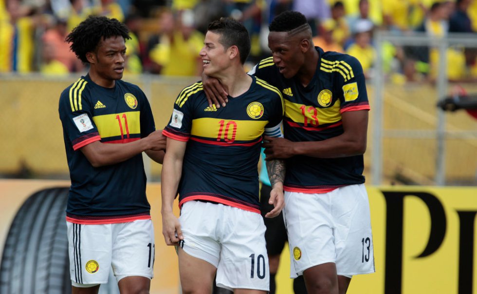 Cuadrado, James y Mina celebran uno de los goles de Colombia. Cuadrado, James y Mina celebran uno de los goles de Colombia.