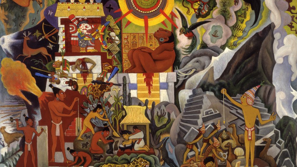 El mexicano Diego Rivera y el español Pablo Picasso fueron artistas contemporáneos, competidores pero también admiradores de sus respectivos trabajos, igualmente ambiciosos y prolíficos, de fama internacional y muy conscientes de sus exuberantes personalidades. (Obra: "América prehispánica", óleo sobre lienzo, Diego Rivera, 1950). El mexicano Diego Rivera y el español Pablo Picasso fueron artistas contemporáneos, competidores pero también admiradores de sus respectivos trabajos, igualmente ambiciosos y prolíficos, de fama internacional y muy conscientes de sus exuberantes personalidades. (Obra: "América prehispánica", óleo sobre lienzo, Diego Rivera, 1950).