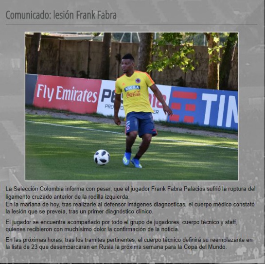 Mundial 2018: Frank Fabra sufre delicada lesión y se perderá el Mundial de Rusia Mundial 2018: Frank Fabra sufre delicada lesión y se perderá el Mundial de Rusia