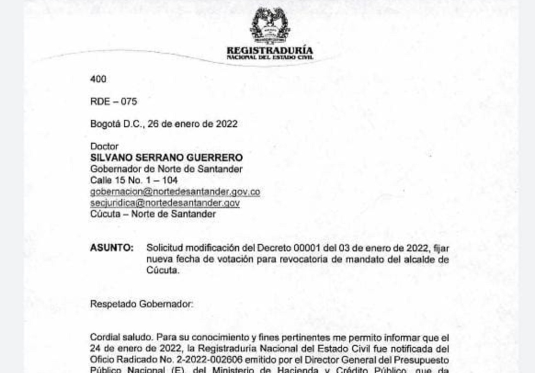 Registraduría pide cambio de revocatoria de Cúcuta para el 27 de marzo