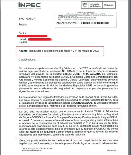 La respuesta del INPEC a la Fiscalía sobre el traslado del condenado Emilio Tapia